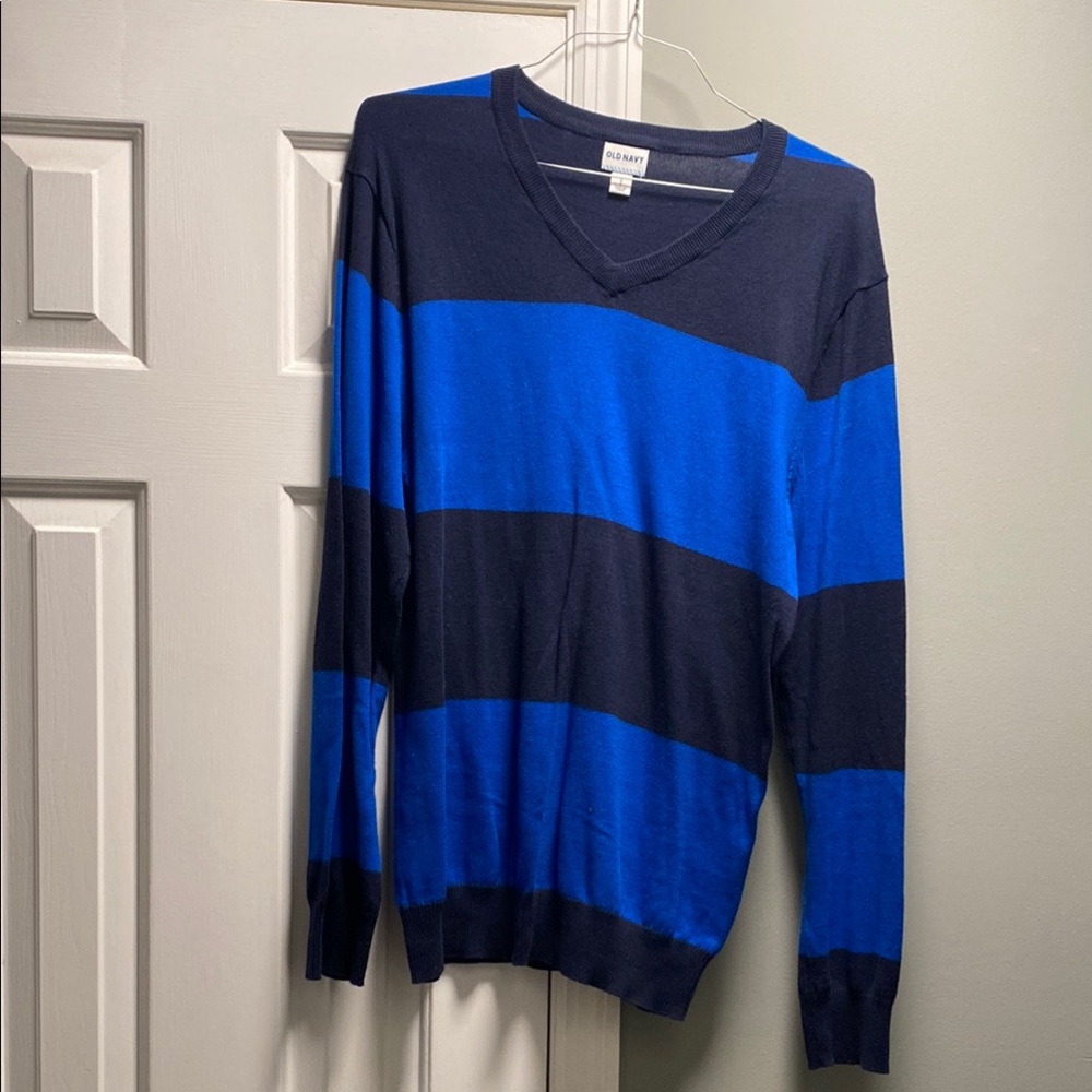 Old Navy Blue V-Neck Sweater with Bold Stripes
